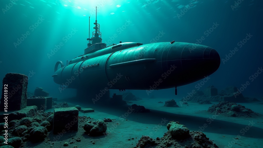 Fototapeta premium Submarine exploring underwater ruins on ocean floor