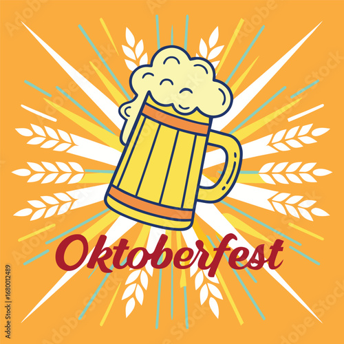 Illustration of a beer mug with foam and oktoberfest text on an orange background with wheat design