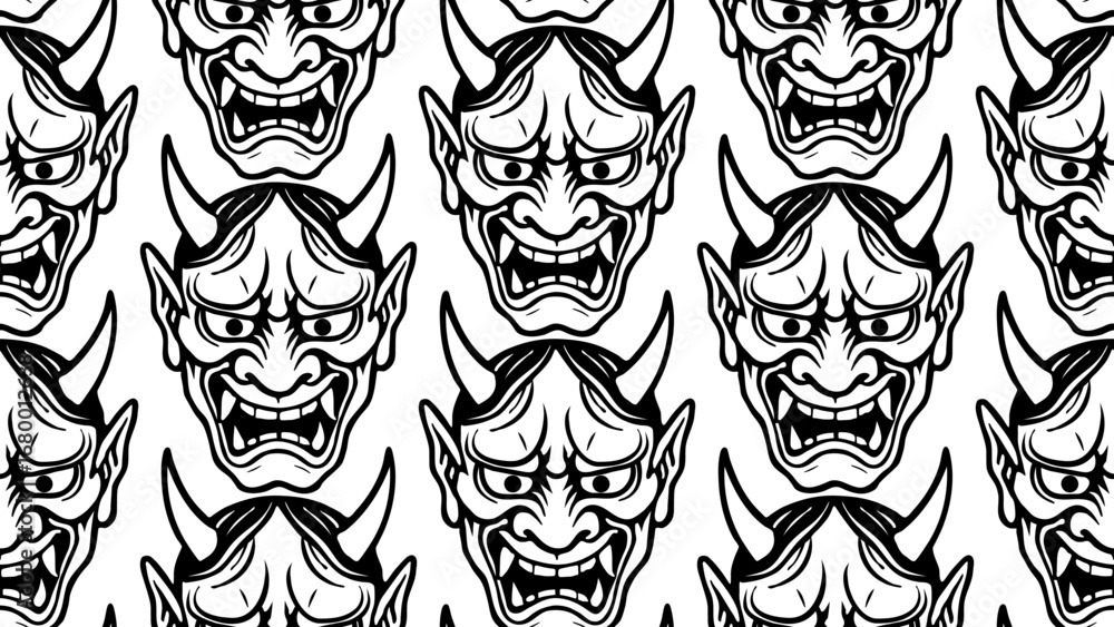 Fototapeta premium Japanese Oni Mask Stencil Pattern