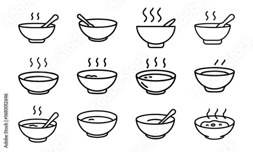 Soup Bowl Icon Collection – Hand-Drawn Line Art of Hot Soup Bowls with Steam and Spoons, Minimalist Food Icons for Menu Design, Cooking Blogs, and Kitchen Illustrations