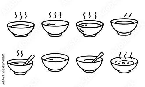 Soup Bowl Icon Collection – Hand-Drawn Line Art of Hot Soup Bowls with Steam and Spoons, Minimalist Food Icons for Menu Design, Cooking Blogs, and Kitchen Illustrations