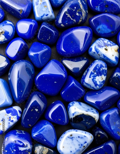 Close-up view of tumbled lapis lazuli stones, showcasing their vibrant blue hues and unique patterns.