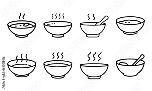 Soup Bowl Icon Collection – Hand-Drawn Line Art of Hot Soup Bowls with Steam and Spoons, Minimalist Food Icons for Menu Design, Cooking Blogs, and Kitchen Illustrations