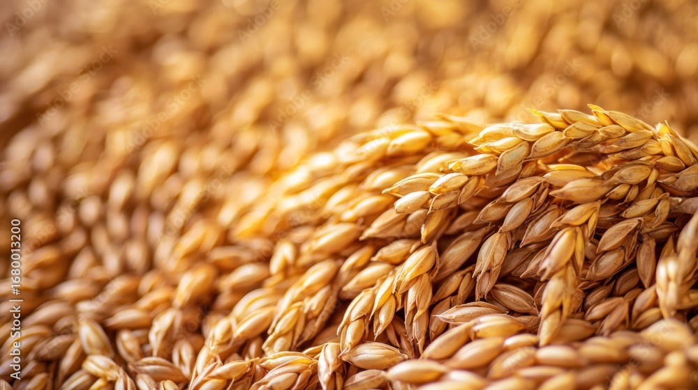 Obraz premium A pile of wheat ears, with a golden-brown hue, resting on a wooden surface. The background is blurred, drawing focus to the wheat.