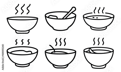 Soup Bowl Icon Collection – Hand-Drawn Line Art of Hot Soup Bowls with Steam and Spoons, Minimalist Food Icons for Menu Design, Cooking Blogs, and Kitchen Illustrations