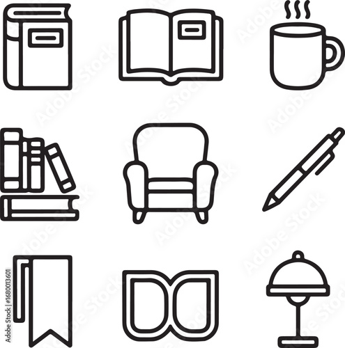 Literary Essentials Vector Icons Collection Book, Open Notebook, Mug, Reading Chair, Library Shelf, Pen, Glasses, Bookmark, and Lamp