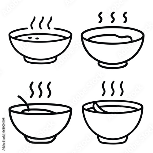Soup Bowl Icon Collection – Hand-Drawn Line Art of Hot Soup Bowls with Steam and Spoons, Minimalist Food Icons for Menu Design, Cooking Blogs, and Kitchen Illustrations
