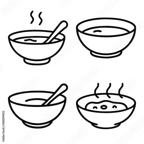Soup Bowl Icon Collection – Hand-Drawn Line Art of Hot Soup Bowls with Steam and Spoons, Minimalist Food Icons for Menu Design, Cooking Blogs, and Kitchen Illustrations
