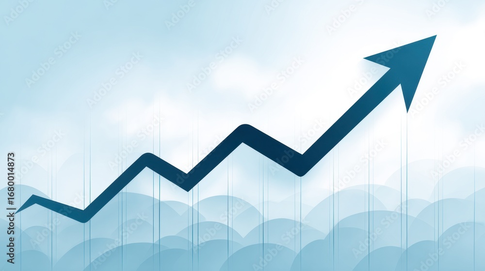 Fototapeta premium A stylized upward arrow symbolizes growth and success amidst a backdrop of soft clouds.