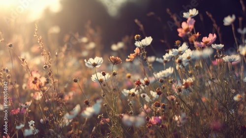 A serene field of wildflowers illuminated by soft sunlight, showcasing a vibrant mix of colors and delicate petals swaying gently in the breeze.