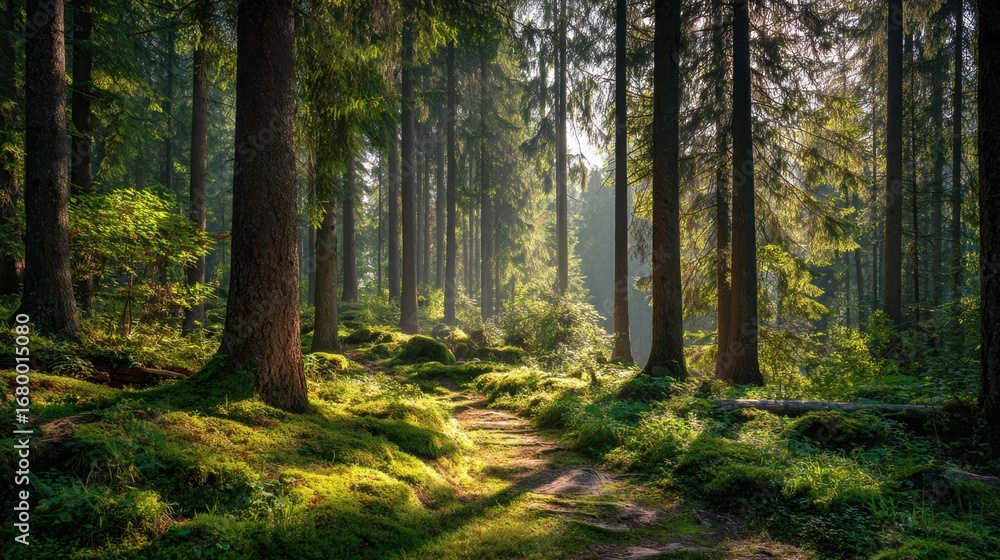 Obraz premium A serene forest path illuminated by gentle sunlight, surrounded by tall trees and lush greenery, inviting exploration and tranquility.