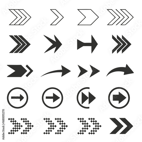 Collection of sixteen different arrow designs pointing right with varied styles and orientations shown