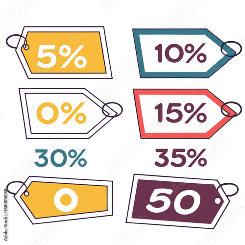 Colorful discount tags displaying various percentages in a vector graphic arrangement on a white backdrop