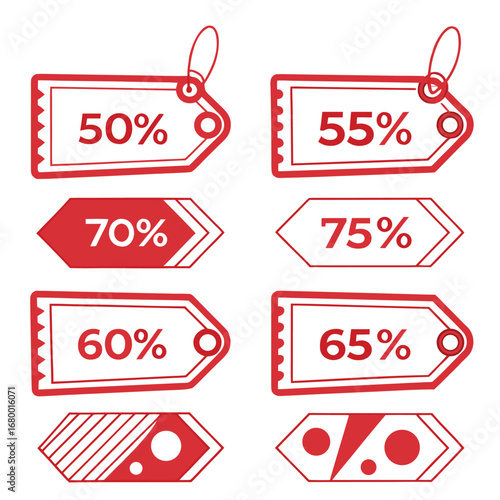 Collection of red discount tags showing percentages for sales and promotional offers in a vector graphic