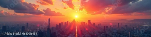 A vibrant sunrise over a cityscape, symbolizing optimism, progress, and the limitless potential of tomorrow Modern architecture, clean energy, and a hopeful atmosphere , future, city