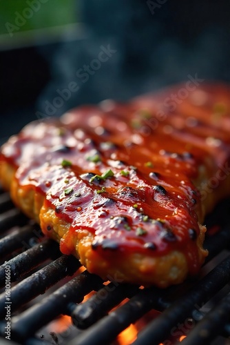 Juicy, smoky barbecue fatty melting on the grill, glistening with delicious sauce Perfect for summer cookouts and backyard parties , smoke, fire, sauce
