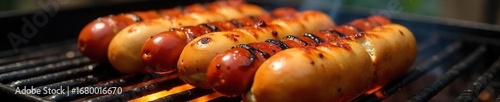 Juicy grilled hot dogs on a barbecue, perfectly cooked and ready to eat Charred grill marks, glistening surface, classic summer food Served on buns, ready for condiments , appetizer, hot dog