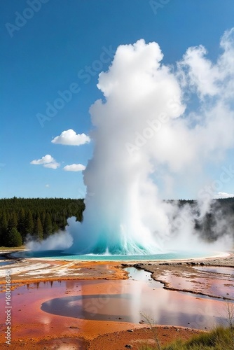 Majestic Yellowstone geyser erupts, sending a plume of steam and hot water high into the air A breathtaking display of geothermal power in a stunning natural landscape , america, breathtaking