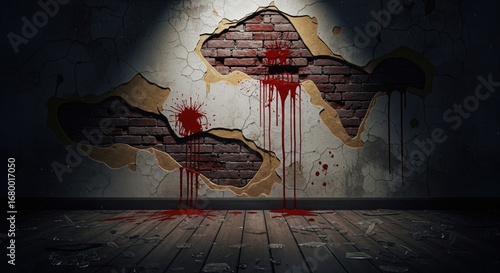 Blood Stain on the Wall: a dark, atmospheric image of a damaged wall with splashes of fresh blood, hinting at a crime scene or a moment of extreme violence