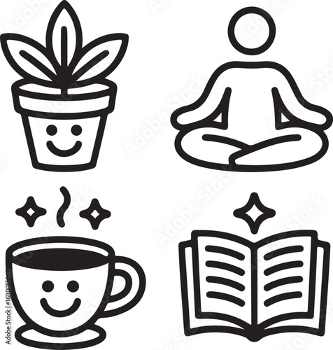Motivational Self-Care Vector Icons Cute Plant Pot, Smiling Face, Meditation Pose, Coffee Cup, Star Sparkles, Open Book, and Happy Lifestyle Doodles