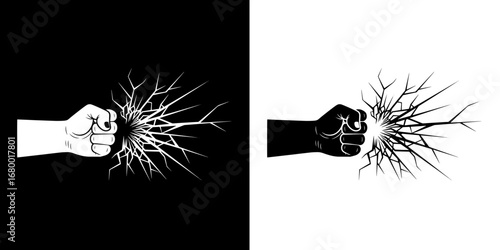Powerful fist shattering glass, symbol of strength, breaking barriers, achieving goals, success