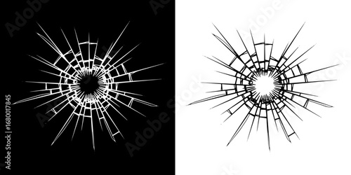 Shattered glass effect, impact damage, grunge texture, broken window, destruction, isolated