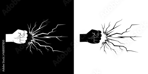 Powerful fist shattering glass, symbolizing strength, disruption, and breaking barriers with impact