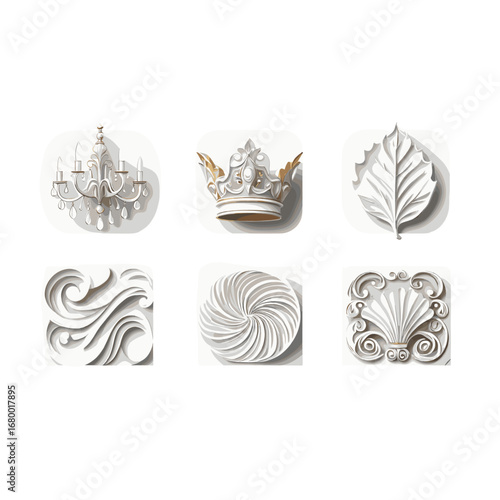 Elegant luxury ornate baroque royal decor elements chandelier crown leaf swirl seashell isolated on transparent background