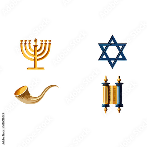 Golden menorah blue Star of David shofar and torah scroll symbols isolated on transparent background