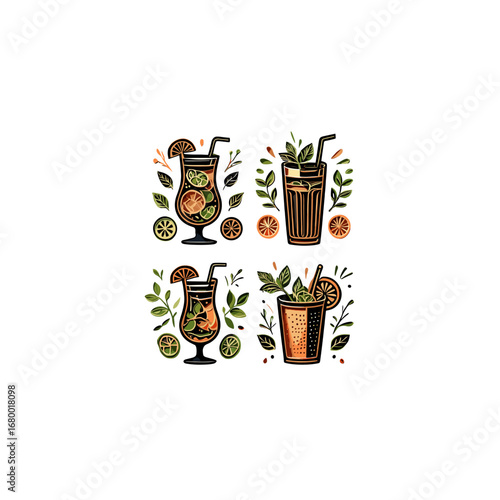 Refreshing Citrus Mint Beverages in Glassware with Herbal Garnishes Isolated on Transparent Background