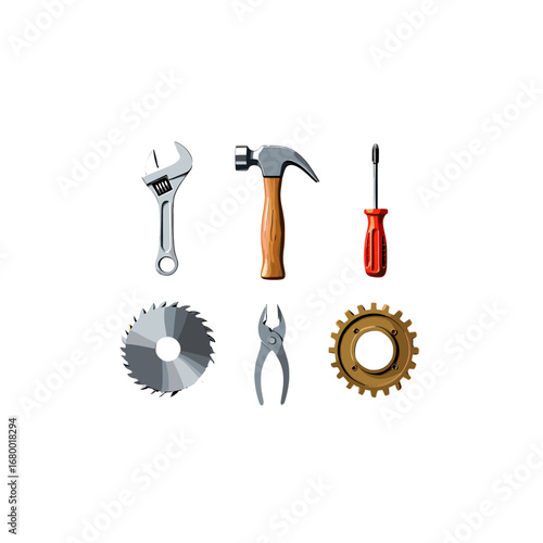 Set of six common metal construction and repair tools isolated on transparent background for DIY projects