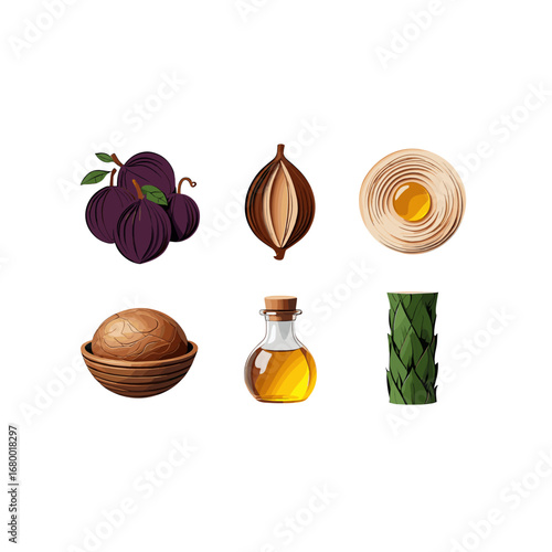Fresh Ripe Plums A Nutty Cocoa Pod A Sweet Honeycomb Delicious Bread Cooking Oil and Green Asparagus Isolated on Transparent Background