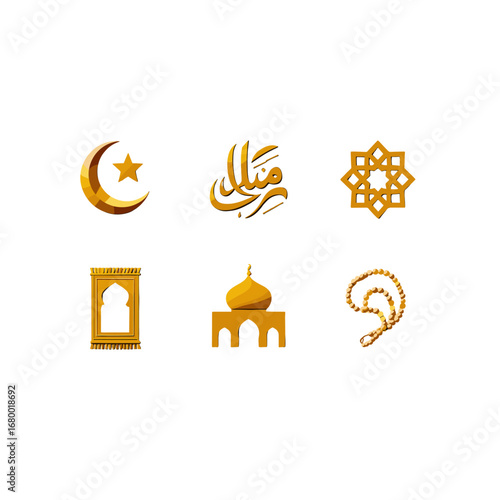 Golden Islamic Icons Set Worship Spirituality Mosques Stars Crescents Prayer Rugs isolated on transparent background