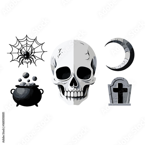 Spooky Halloween Symbols Skull Spider Moon Tombstone Cauldron Isolated Transparent Background