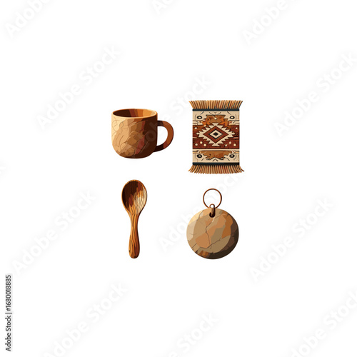 Rustic Terracotta Mug Woven Kilim Rug Wooden Spoon Stone Pendant Isolated
