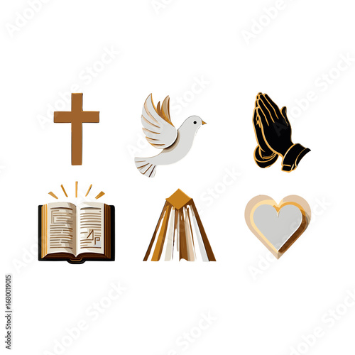 Golden Christian Symbols of Faith Hope and Love isolated on transparent background