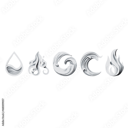 Five Elemental Symbols Representing Water Air Earth Fire and Spirit Isolated on Transparent Background