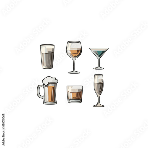 Six Refreshing Alcoholic Beverages in Assorted Glasses Isolated on Transparent Background for Celebration