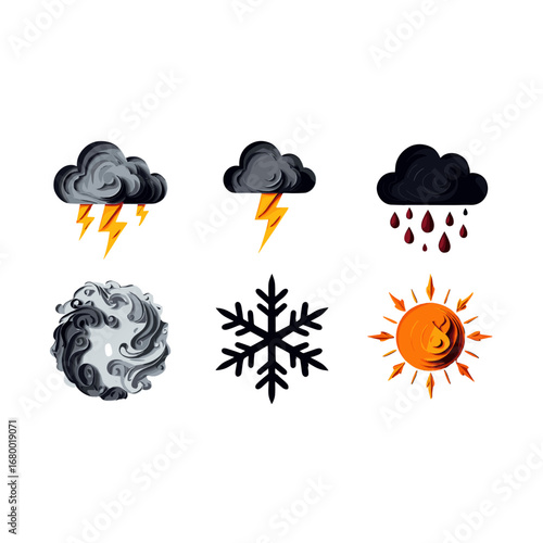 Collection of Weather Icons Showing Stormy Rain Snow Sun and Hail Isolated on Transparent Background