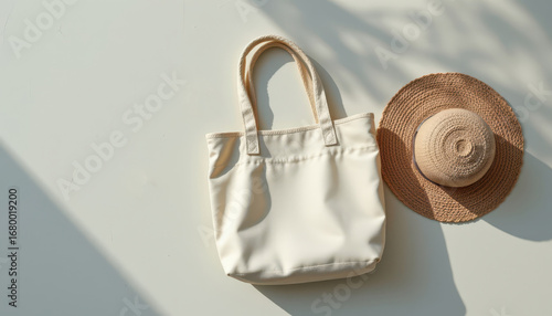 Chic straw hat and white tote bag placed together on a soft background for essential summer beach adventures