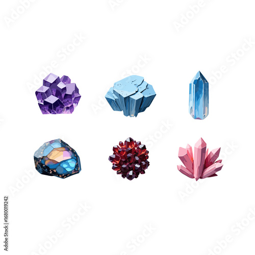 Collection of Natural Mineral Crystals Gems and Geodes with Sparkling Facets Isolated on Transparent Background