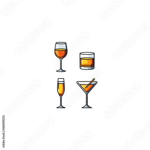 Four Refreshing Alcoholic Drinks in Various Glasses Isolated on Transparent Background Festive Celebration