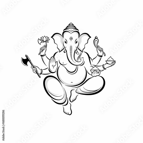 Black and white line art illustration of the Hindu deity Lord Ganesha sitting cross-legged.