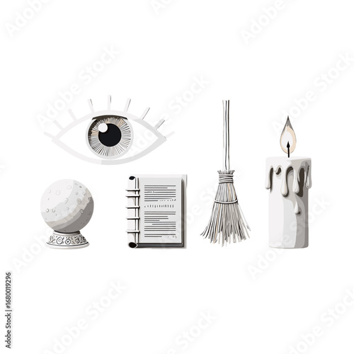 Mystical Oracle Objects Eye Crystal Ball Spell Book Broom Candle Isolated on Transparent Background