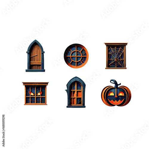 Spooky Halloween Windows and Jack O Lantern Isolated Transparent Background