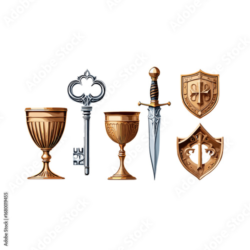 Fantasy Artifacts Golden Cups Ornate Key Ornate Sword Ornate Shields Isolated Transparent Background Royalty Free Stock