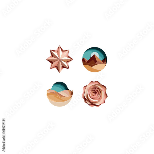Shining Rose Star Sphere Desert Landscape and Rose Isolated on Transparent Background