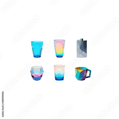 Set of Six Geometric Crystal Cut Glassware Drinks Shot Glasses Tumblers Whiskey Flask Isolated on Transparent Background 