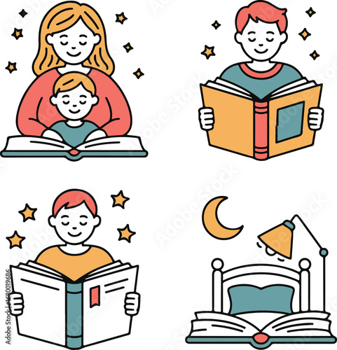 Parent-Child Reading Hand-Drawn Icon Pack Mom Reading with Kid, Dad Reading Bedtime Story, Open Book, Moon, Bed, Story Lamp, and Bookmark
