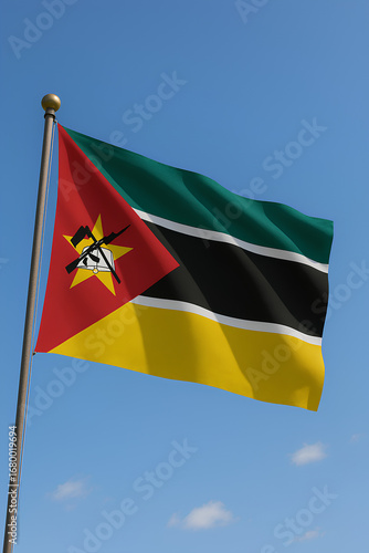 Mozambique flag waving in the bright blue skyใ